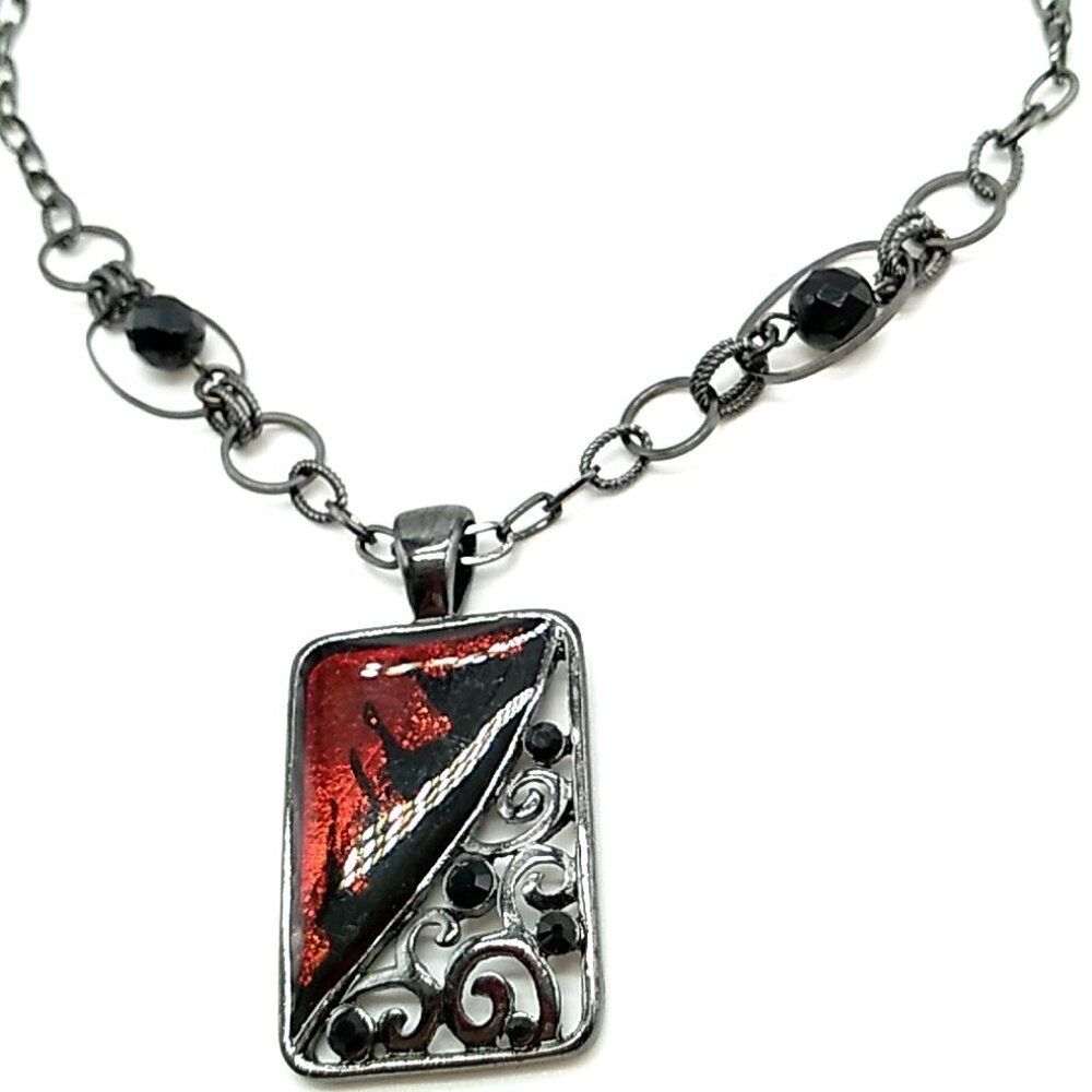 Black Red Pendant Necklace Black Scroll Rhinestone Sparkly Red Black Glass